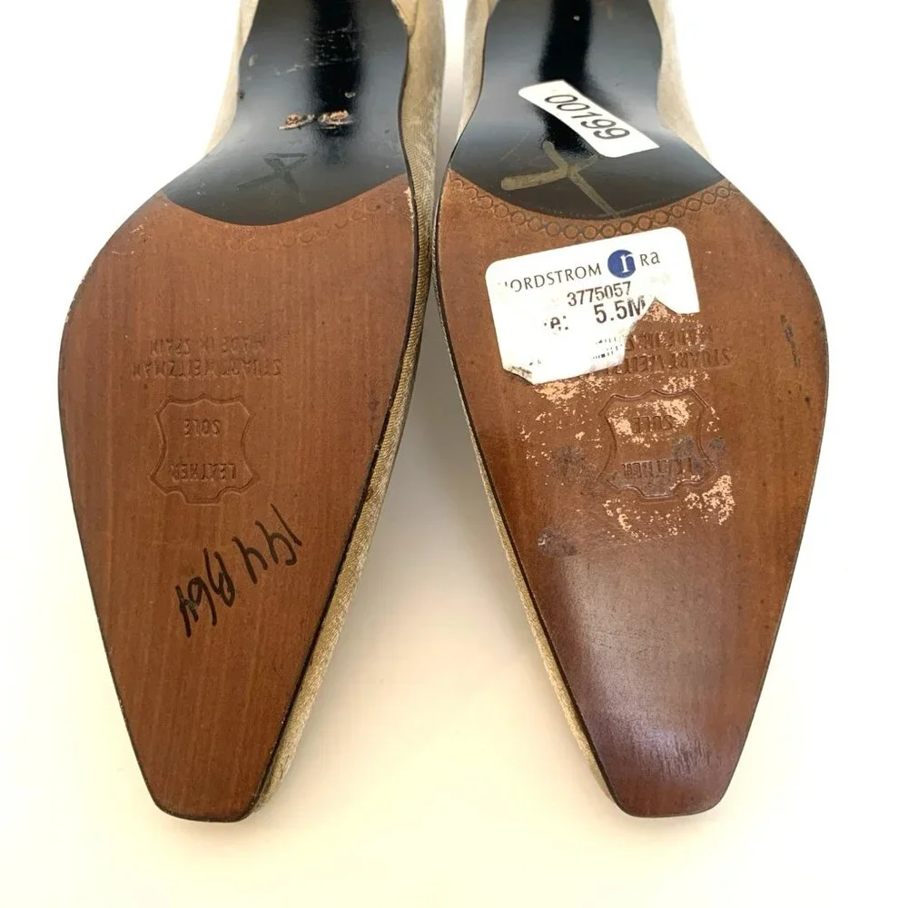 Stuart Weitzman Womans Size 5 1/2 B Gold Satin Square Toe Pumps High Heel Shoes - Picture 6 of 15